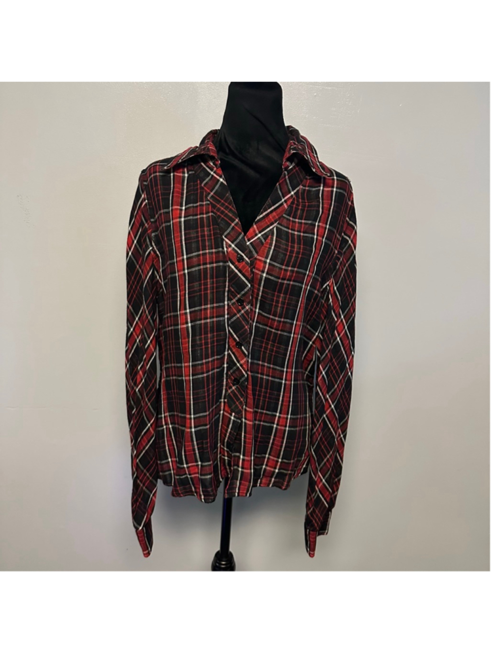 Russell Kemp New York Plaid Button Down Shirt Womens Large Red Black 100% Cotton